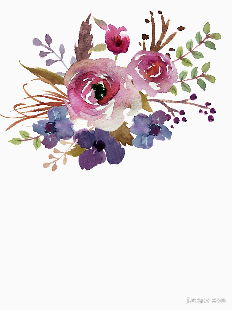 750x1000 Burgundy Blue Watercolor Flower Bouquet Unisex T Shirt By - Burgundy Watercolor