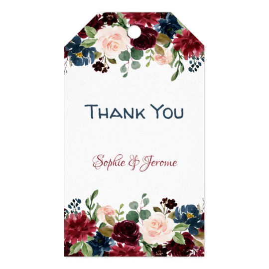 540x540 Burgundy Blue Watercolor Flowers Border Gift Tags - Burgundy Watercolor Flowers