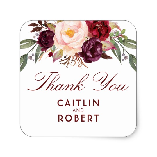540x540 Burgundy Watercolor Flowers Elegant Thank You Square Sticker - Burgundy Watercolor Flowers