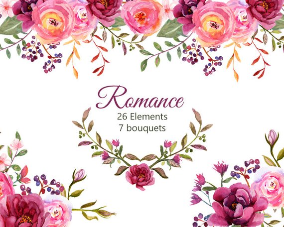 570x456 Burgundy And Pink Watercolor Flowers Wedding Floral Etsy - Burgundy Watercolor Flowers