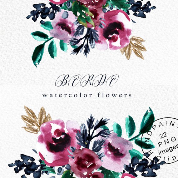 570x570 Floral Watercolor Clipart Burgundy Flowers Watercolor Flower Etsy - Burgundy Watercolor Flowers