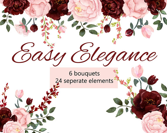 570x456 Pink And Burgundy Floral Watercolor Collection, Pink Blush And - Burgundy Watercolor Flowers