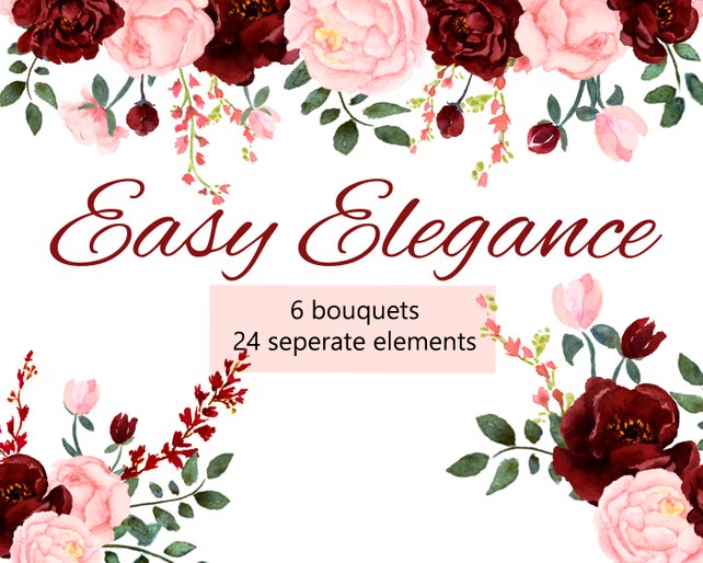642x514 Pink And Burgundy Floral Watercolor Collection Pink Blush And Etsy - Burgundy Watercolor Flowers