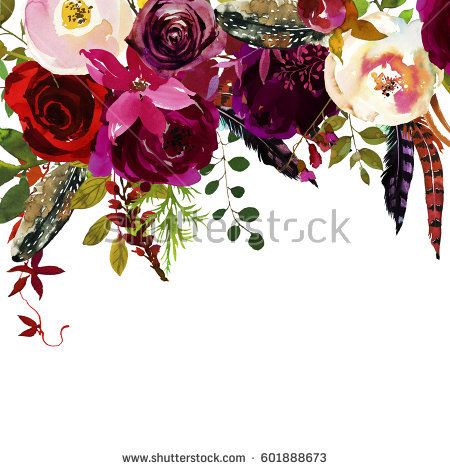 450x470 Watercolor Boho Burgundy Red White Floral Drop Flowers And - Burgundy Watercolor Flowers