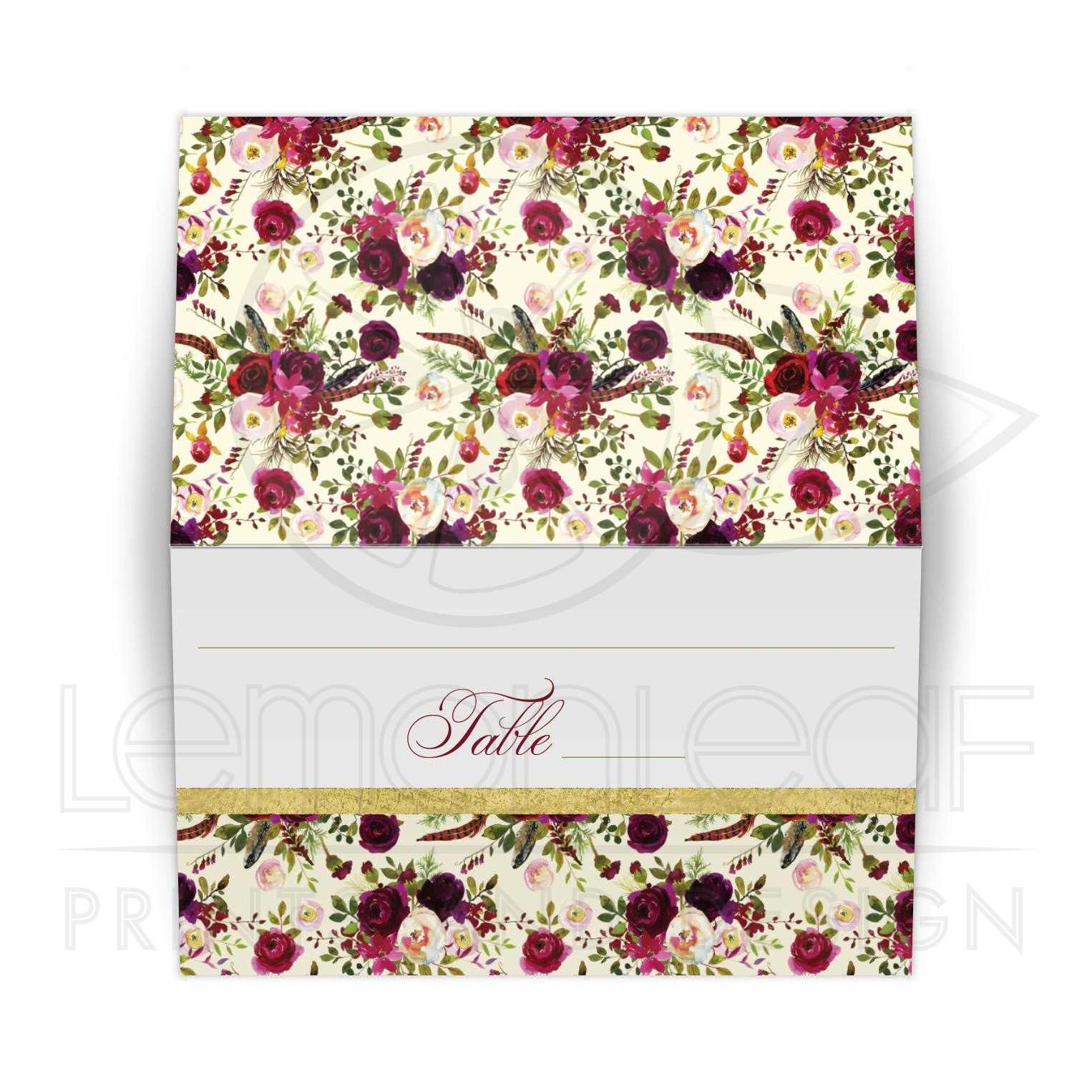 1526x1526 Beautiful Burgundy Watercolor Flowers, Feathers Folded Place Card - Burgundy Watercolor Flowers