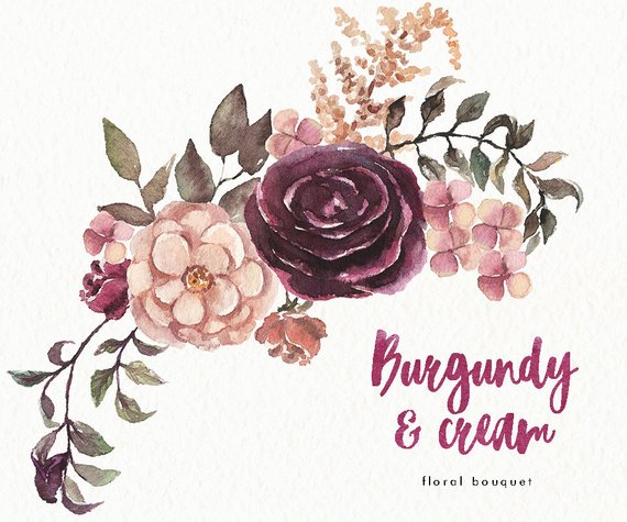 570x475 Watercolor Flower Bouquet Burgundy. Hand Painted Wedding Etsy - Burgundy Watercolor Flowers