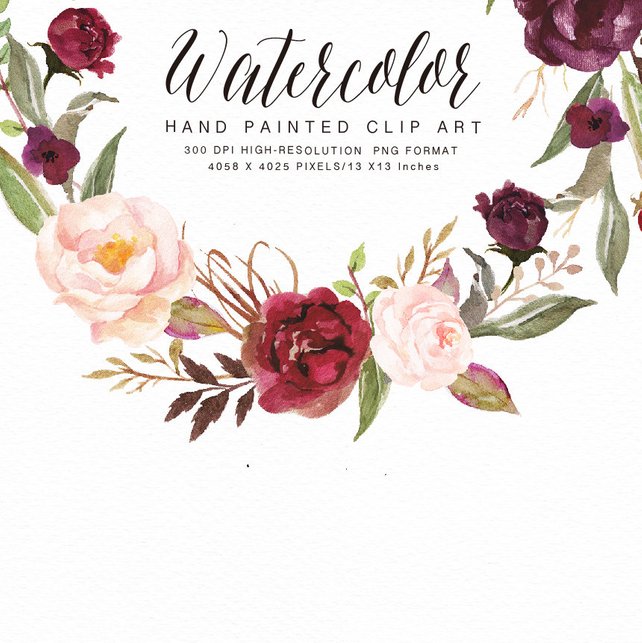 642x643 Watercolor Flower Wreath Clipart Burgundyhand Paintedwedding Etsy - Burgundy Watercolor Flowers