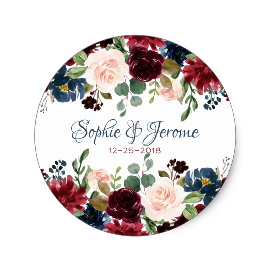 540x540 Burgundy Blue Watercolor Flowers Border Classic Round Sticker - Burgundy Watercolor Flowers