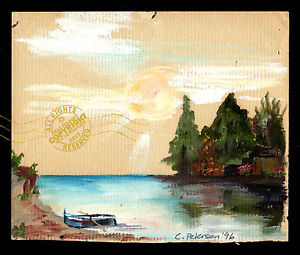 300x255 Lake Cabin Boat Trees Sunset Inlet Original Watercolor Painting - Cabin Watercolor