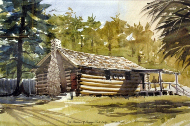 659x439 American Legion Log Cabin Maurer Fine Art, Original Watercolor - Cabin Watercolor