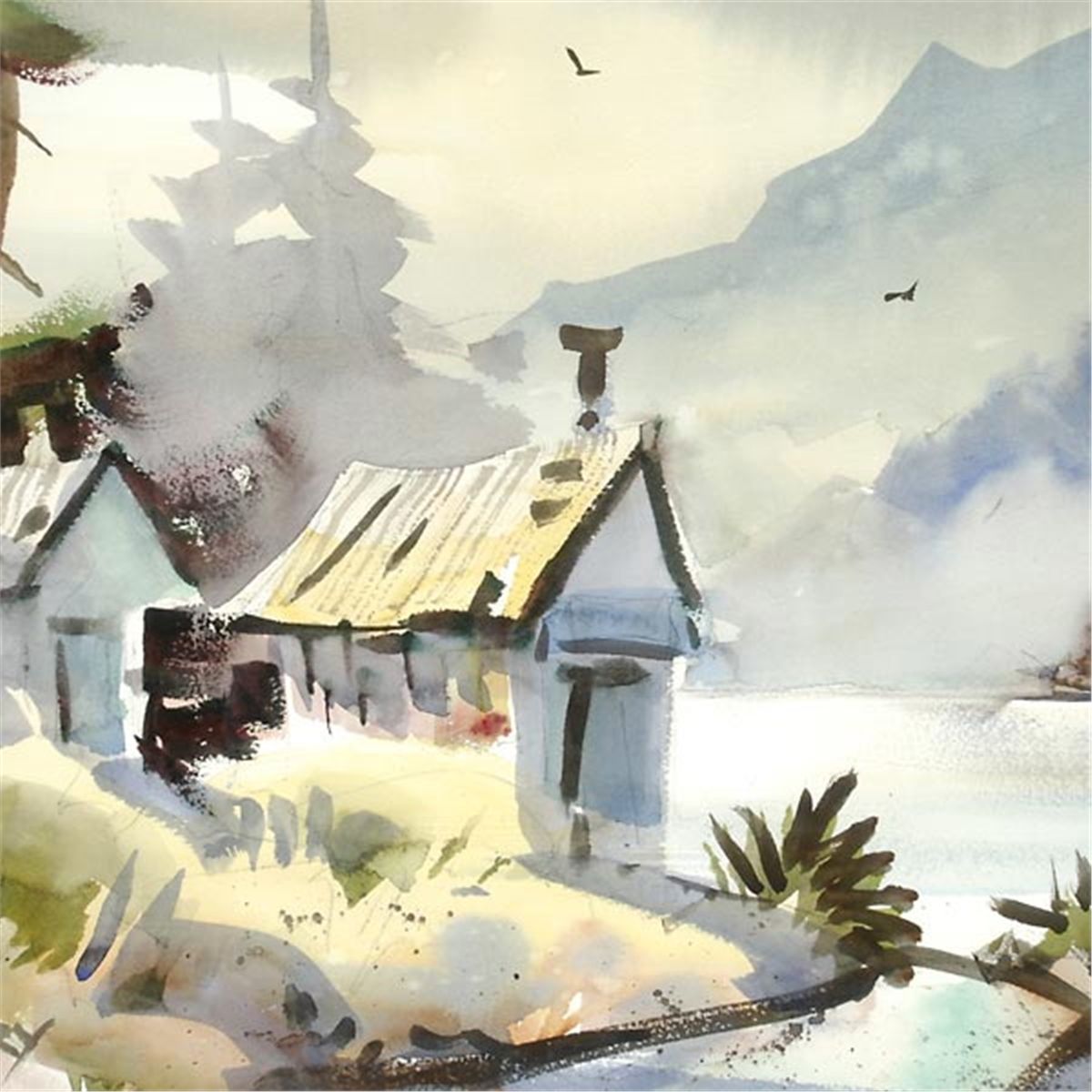 1200x1200 Robert Landry Cabin By The Lake Watercolor - Cabin Watercolor