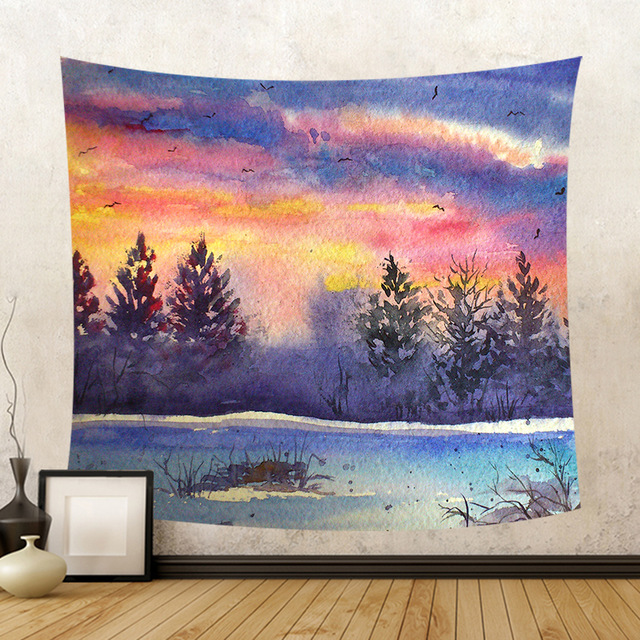 640x640 Watercolor Landscape Printing Tapestry Forest Trees Cabin Bird - Cabin Watercolor