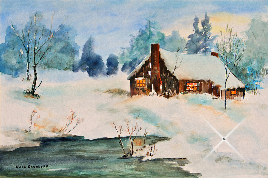 900x600 Watercolor. Cabin. Winter. Pond. Forest. Warm Glow. Peaceful Scene - Cabin Watercolor