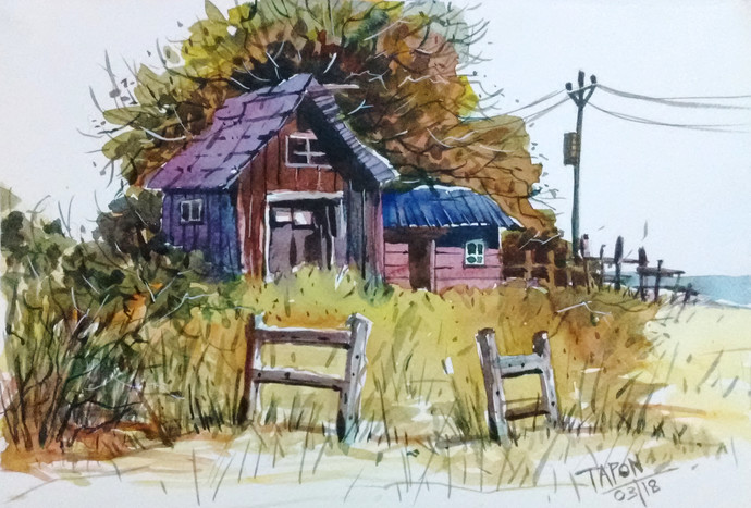 690x467 Wooden Cabin By Artist Tapon Roy Impressionism, Painting - Cabin Watercolor