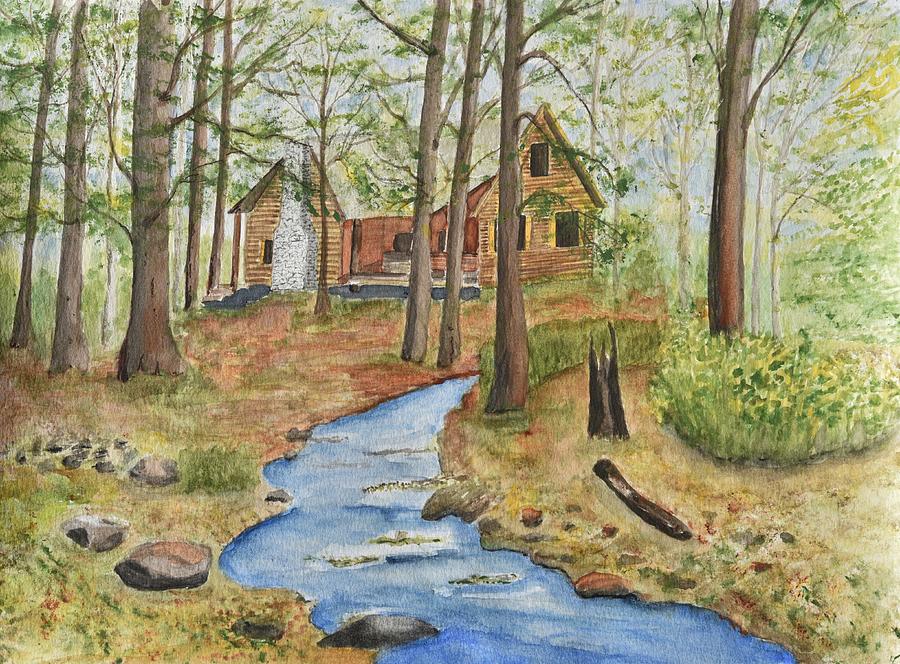 900x664 Cabin In The Woods Painting By Linda Brody - Cabin Watercolor