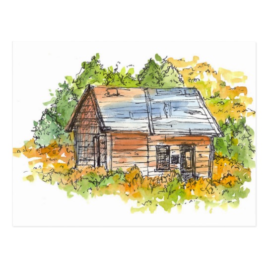 540x540 Cabin Ink Pen Sketch Watercolor Landscape Postcard - Cabin Watercolor