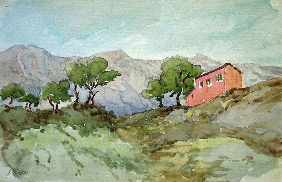 1069x689 E. Mayer Signed Watercolor Painting Alps Mountain Cabin Belgium - Cabin Watercolor
