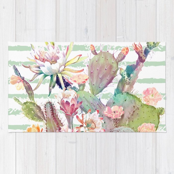 700x700 Watercolor Cactus, Floral And Stripes Design Rug By Inovarts - Cactus Flower Watercolor