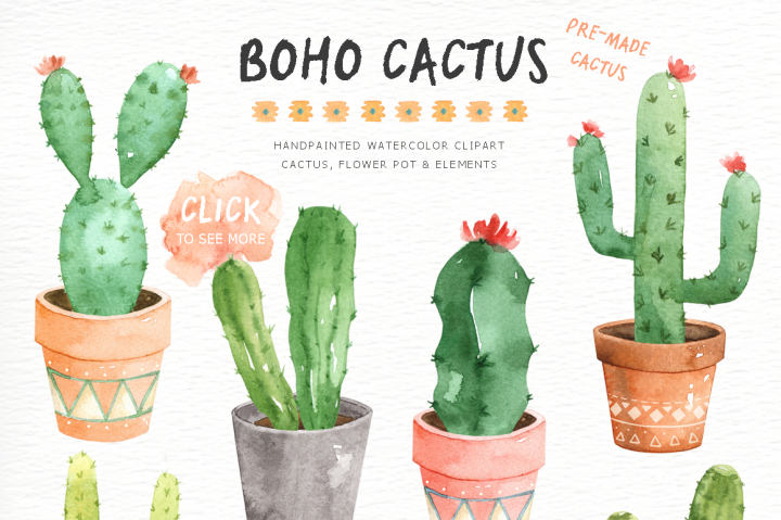 720x479 Boho Cactus Watercolor Cliparts By Everysunsun - Cactus Watercolor Clipart