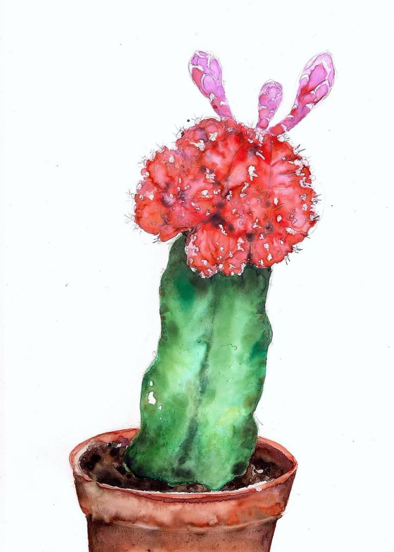 770x1079 Red Moon Cactus Painting By Emily Mcphee Saatchi Art - Cactus Watercolor Painting