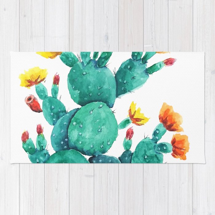 700x700 Flowering Cactus Watercolor Painting Rug By Colorandcolor Society6 - Cactus Watercolor Painting