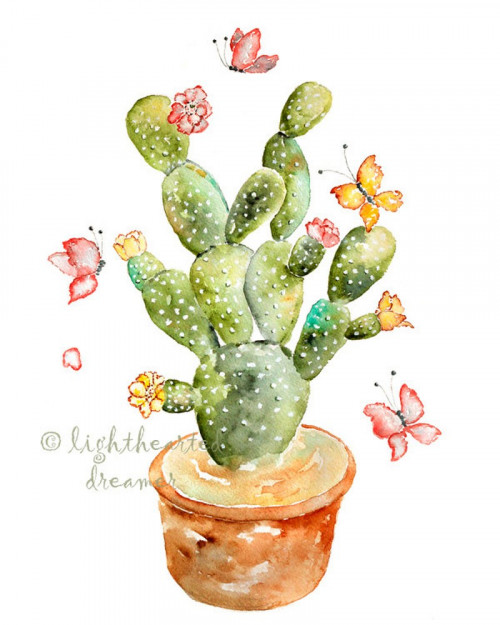500x625 Cactus Watercolor Print, Southwestern Decor, Whimsical Desert Art - Cactus Watercolor Print