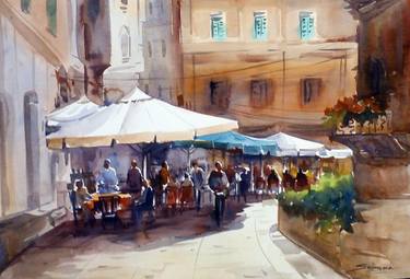 375x255 Morning Venice Cafe Watercolor On Paper Painting By Samiran Sarkar - Cafe Watercolor