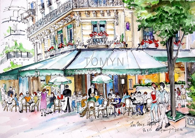 642x454 Paris Cafe Watercolor Les Deux Magots Watercolor Painting Etsy - Cafe Watercolor