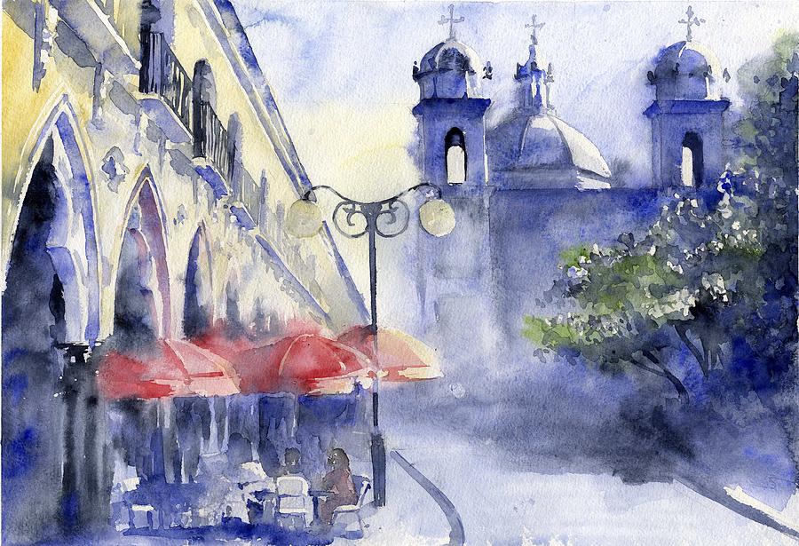 900x615 Street Cafe Painting By Tania Vasylenko - Cafe Watercolor