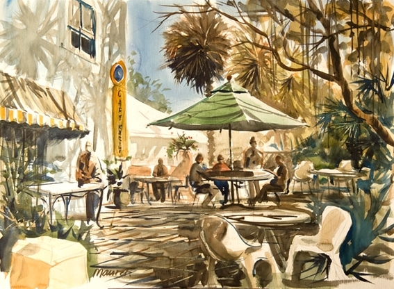 567x416 Cafe Karibo Maurer Fine Art, Original Watercolor And Acrylic - Cafe Watercolor