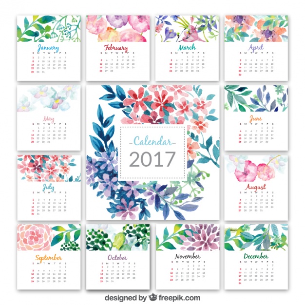 626x626 Calendar 2017 With Watercolor Flowers Vector Free Download - Calendar Watercolor