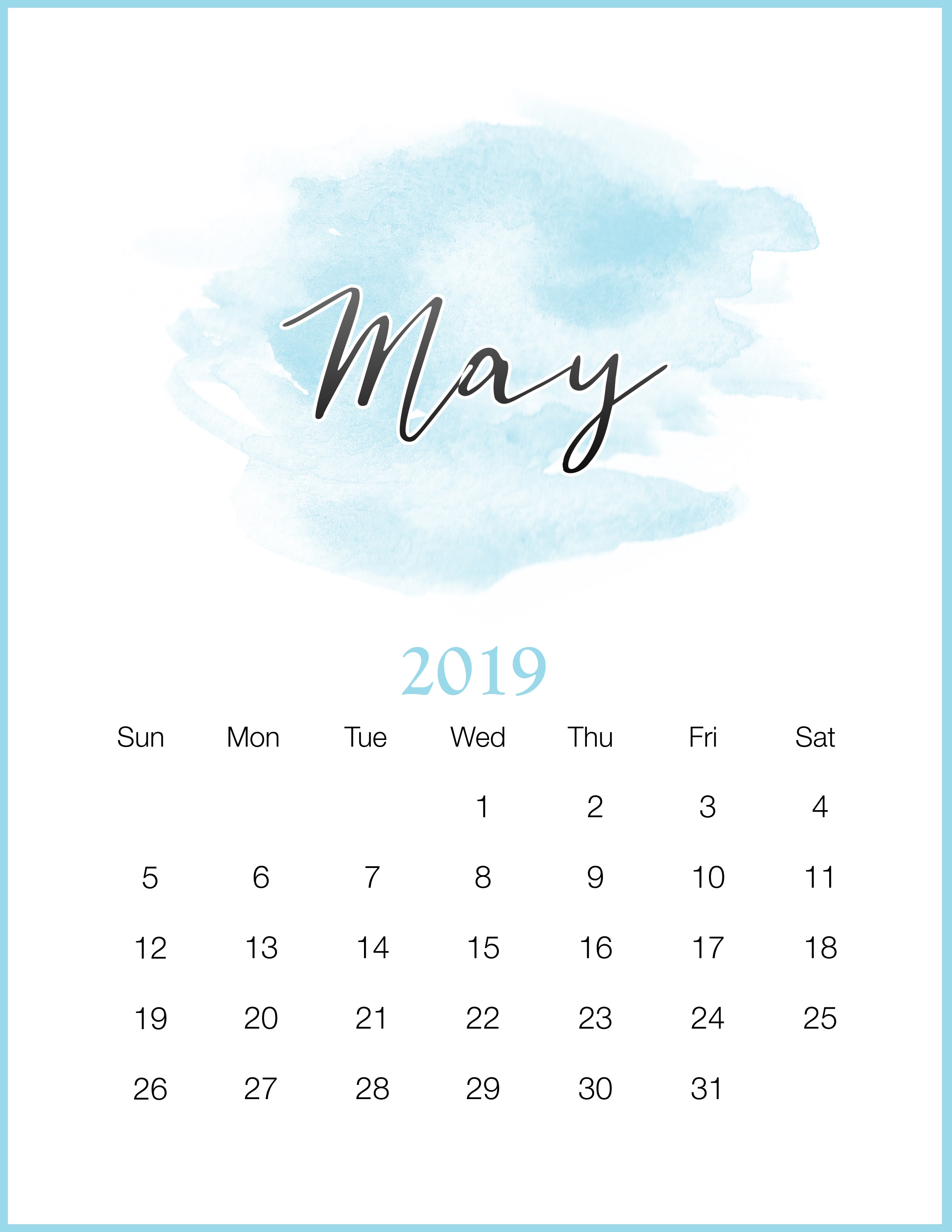 2550x3300 Watercolor 2019 Monthly Printable Calendar Calendar 2019 - Calendar Watercolor