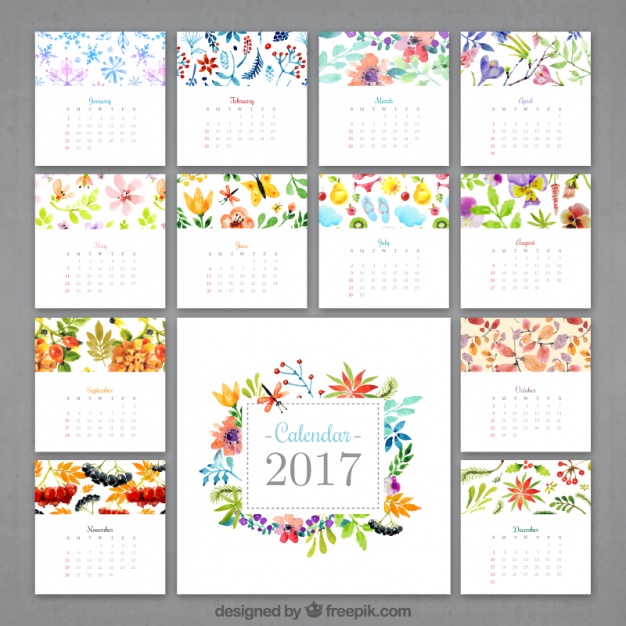 626x626 Watercolor Flowery Calendar 2017 Vector Free Download - Calendar Watercolor