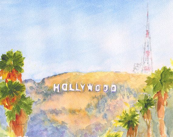 570x451 Hollywood Sign California. Watercolor Painting By Artist Carlin - California Watercolor