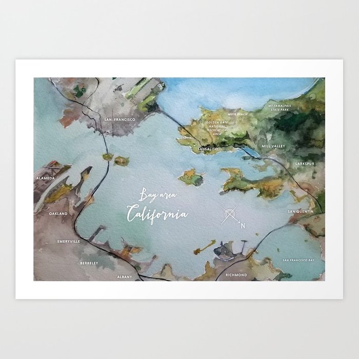 700x700 Sf, San Francisco, Oakland, Bay Area, California Watercolor Map - California Watercolor