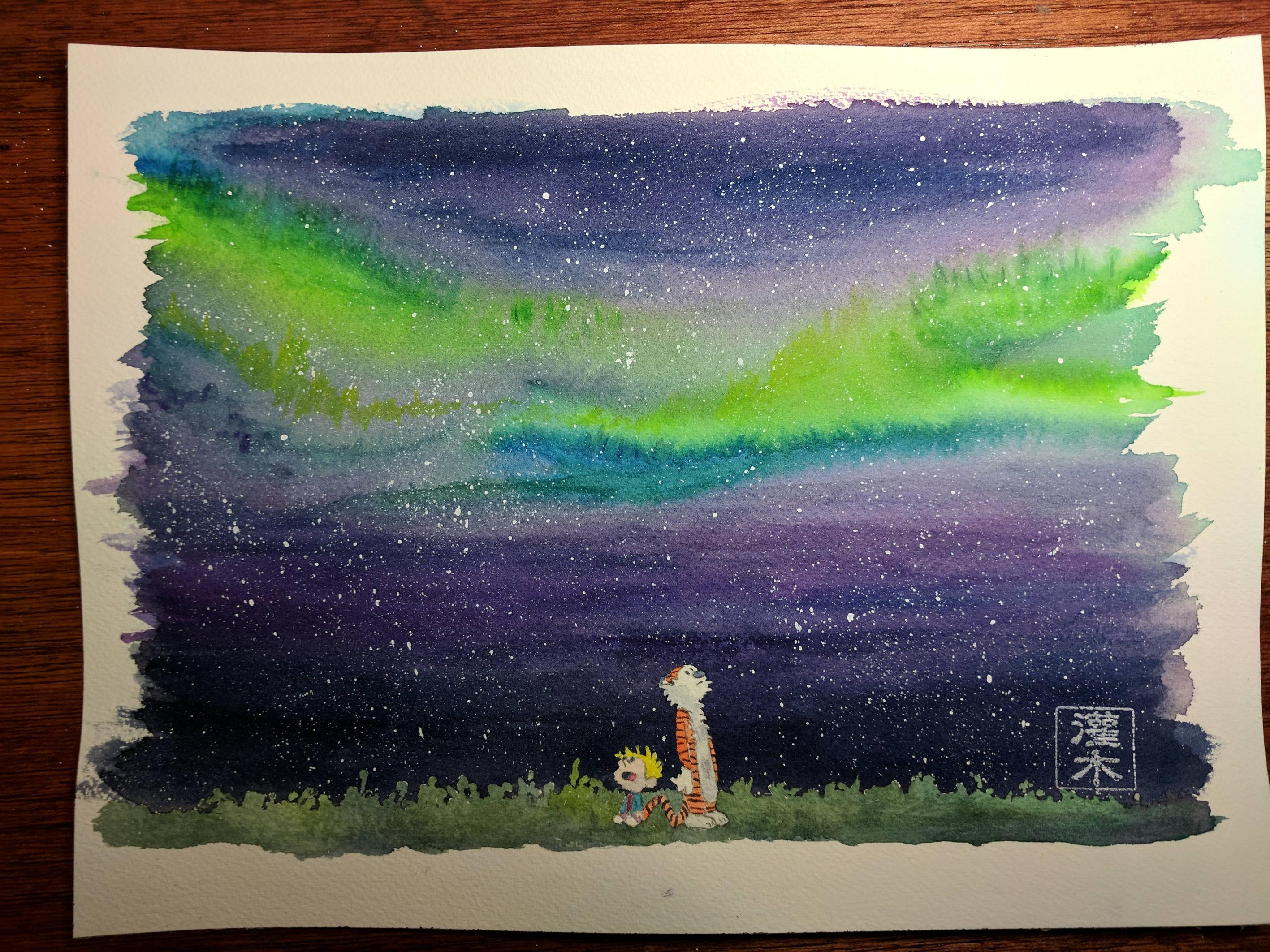 2834x2125 Calvin And Hobbes, Northern Lights [Watercoloracrylic 9x12 - Calvin And Hobbes Watercolor