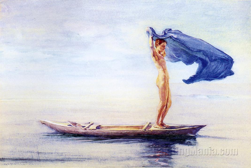 1069x714 Girl In Bow Of Canoe Spreading Out Her Loin Cloth For A Sail - Canoe Watercolor