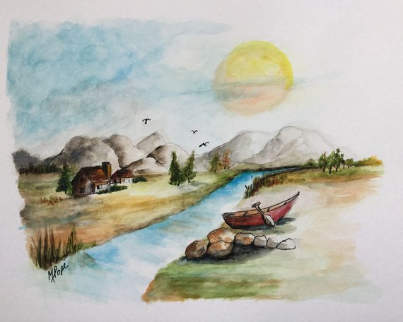 570x456 River And Canoe Watercolor Paintingriver Paintingcanoe Etsy - Canoe Watercolor