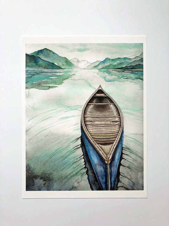 570x760 Watercolor Canoe On Mountain Lake Print Watercolor Blue Ridge Etsy - Canoe Watercolor