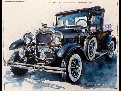 480x360 Pen Line Watercolor And Colored Pencils Speedpaint Oldie Car - Car Watercolor