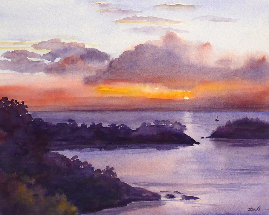900x720 St. Lucia Caribbean Sunset Seascape Painting By Janet Zeh - Caribbean Watercolor