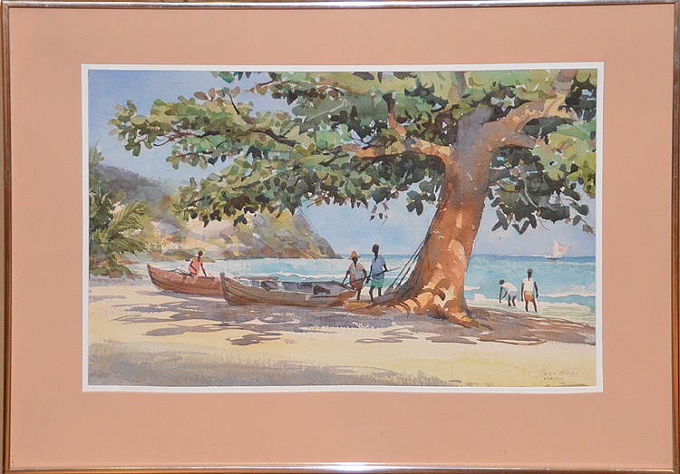 750x523 Tom Hill (American, B.1925) Watercolor, Caribbean Beach Scen - Caribbean Watercolor
