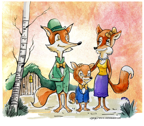 598x525 Foxy Family Watercolor Cartoon - Cartoon Watercolor