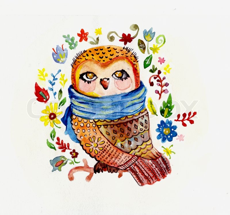 800x750 Watercolor Owl With Flowers Cute Cartoon Illustration Stock - Cartoon Watercolor