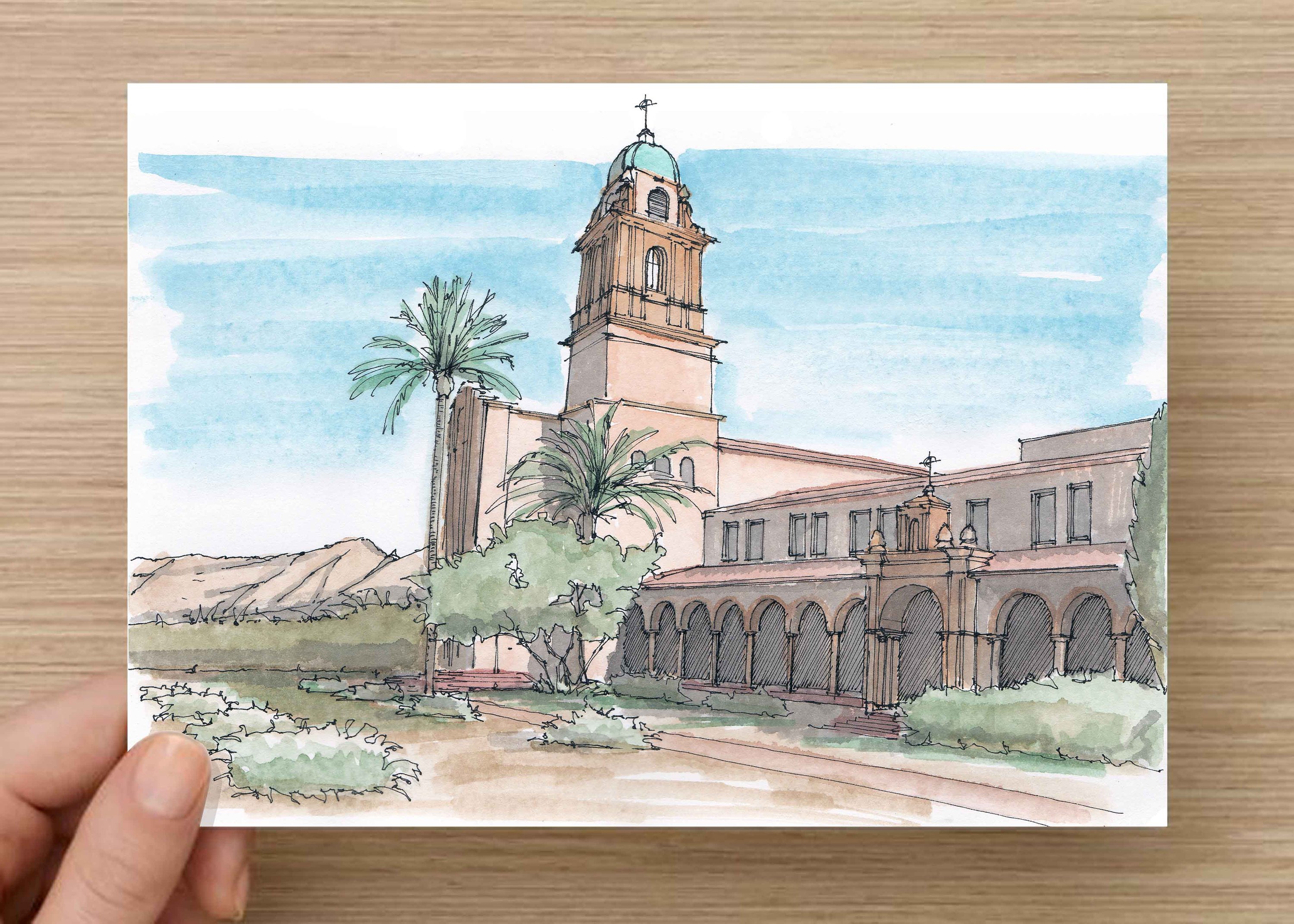 3000x2143 Ink And Watercolor Drawing Of Bendictine Monastery In Tucson - Catholic Watercolor