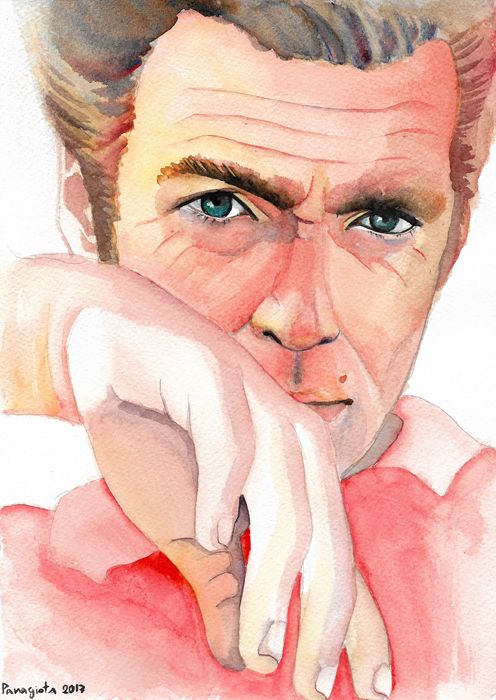 496x700 Clint Eastwood, Watercolor Painting Customized Work Available - Celebrity Watercolor Portraits