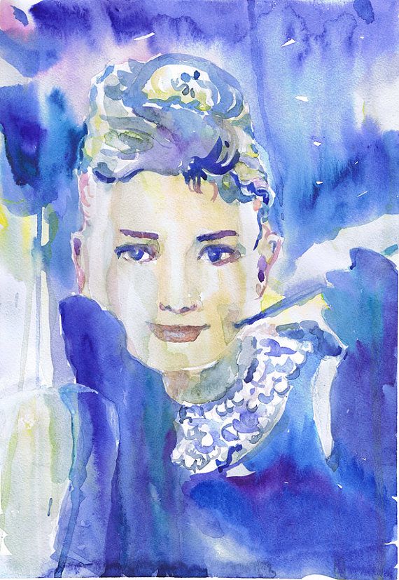 570x827 Audrey Hepburn Art , Celebrity Portraits, Old Hollywood Watercolor - Celebrity Watercolor Portraits