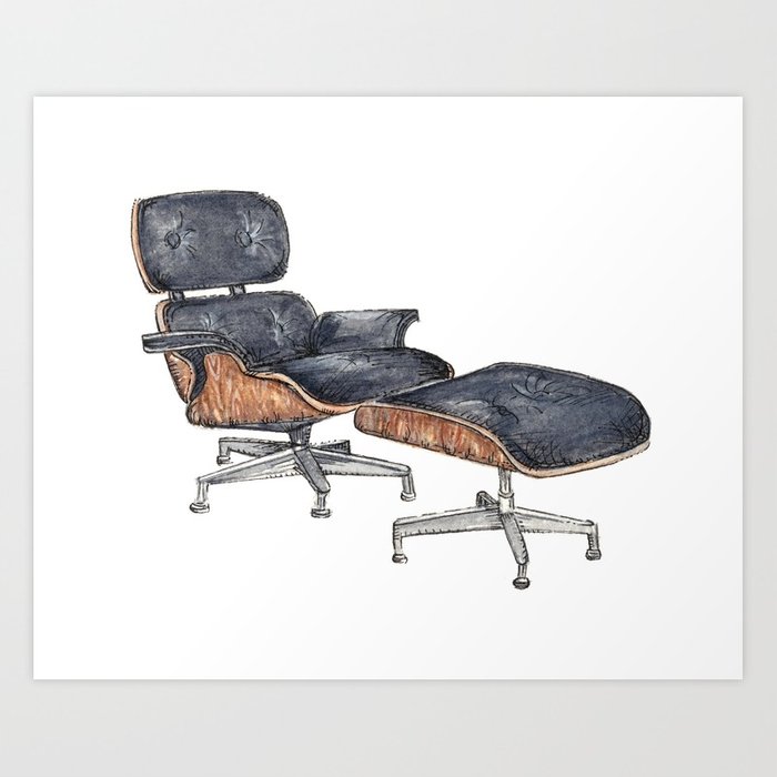 700x700 Black Eames Lounge Chair Watercolor And Pen And Ink Art Print By - Chair Watercolor