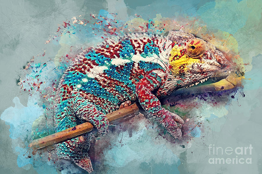 900x599 Chameleon Watercolor Art Painting By Justyna Jbjart - Chameleon Watercolor