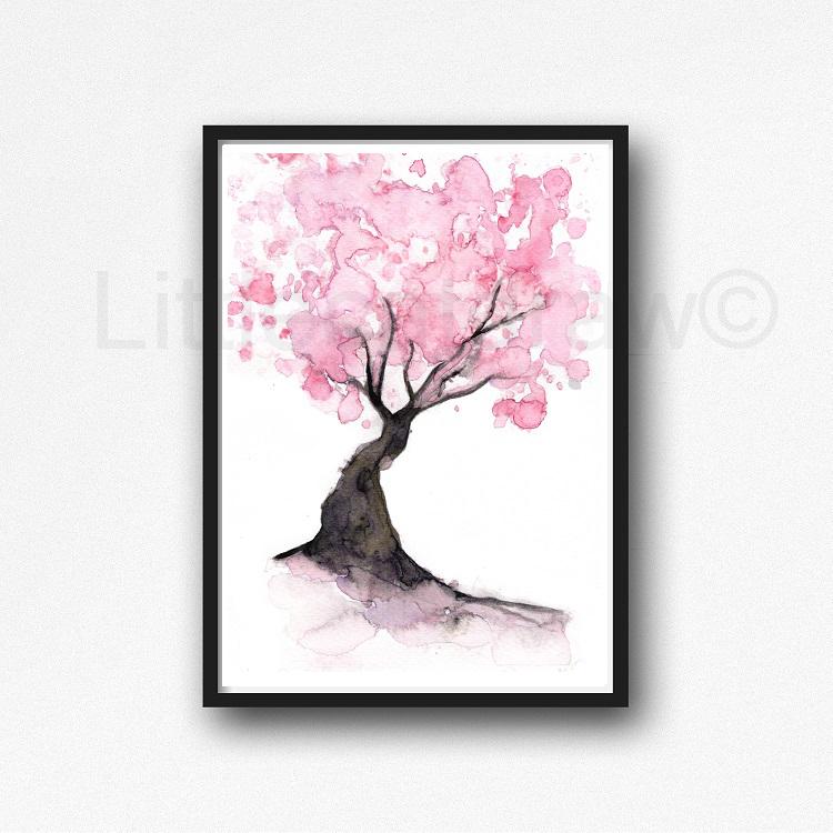 750x750 Buy Deep Pink Cherry Blossom Tree Watercolor Painting Print - Cherry Blossom Watercolor